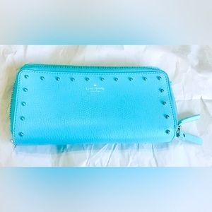 Kate Spade New York Wallet clutch wristlet Tiffany blue leather studded 8x4.5x1